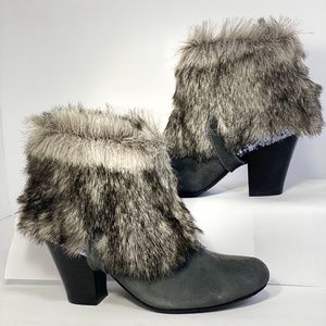 Gray suede faux fur booties with sequins